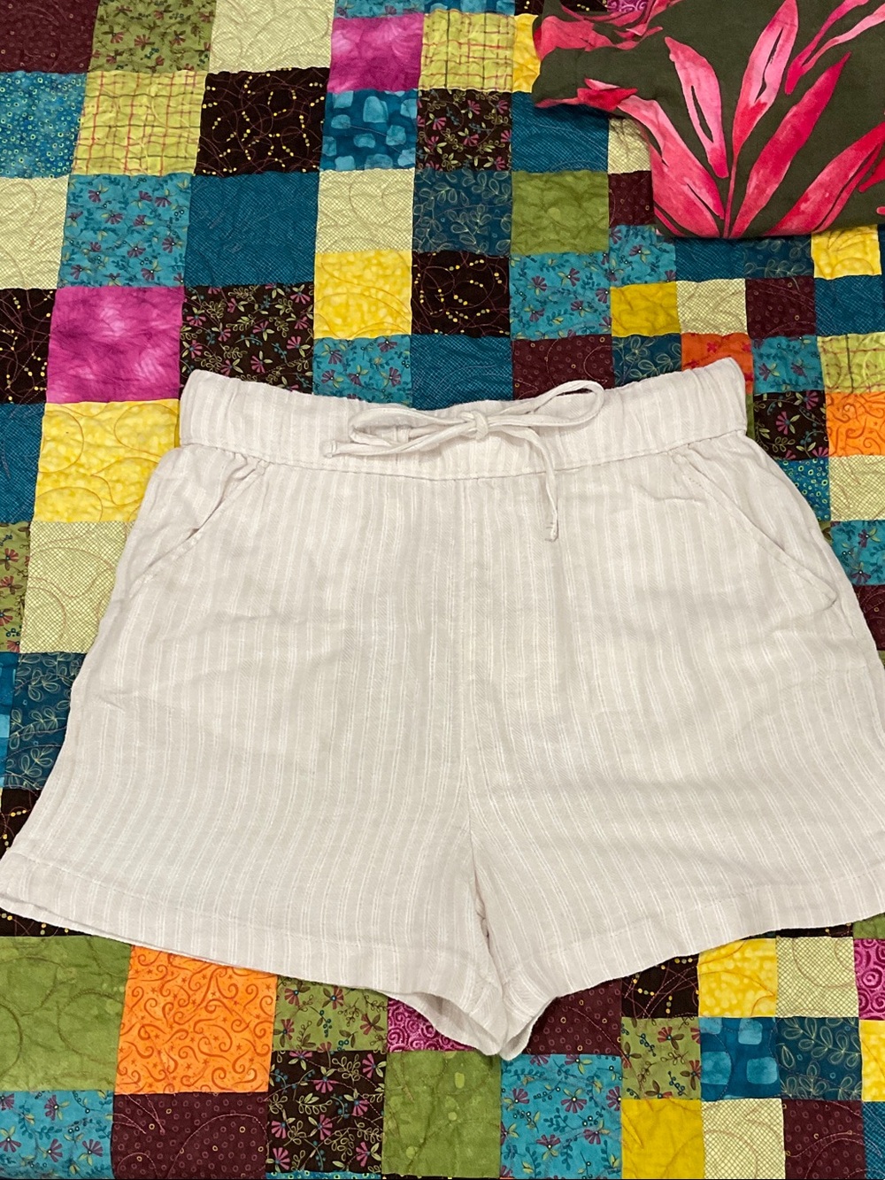Time and Tru Light Beige Striped High Waist Drawstring Shorts